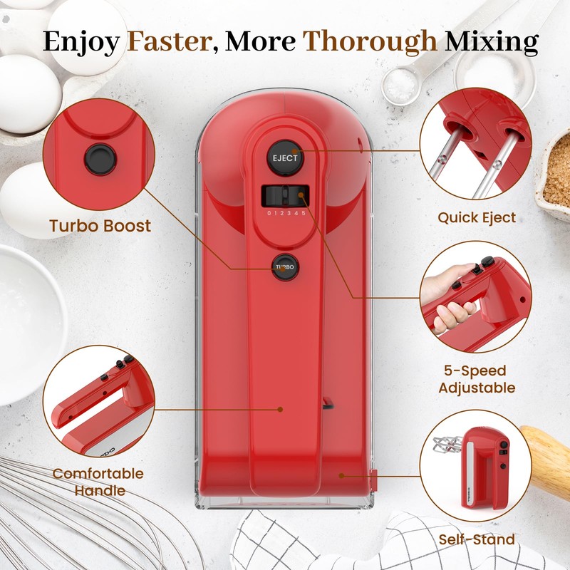 5-Speed Electric Hand Mixer, 800W Handheld Mixer with Turbo for