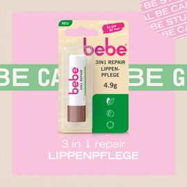 bebe 3-in-1 Repair Lip Balm, Lip Balm with Glycerin, Avocado Oil & Almond Oil, Repairs and Soothes Dry & Cracked Lips, No Mineral Oils (12 x 4.9 g)