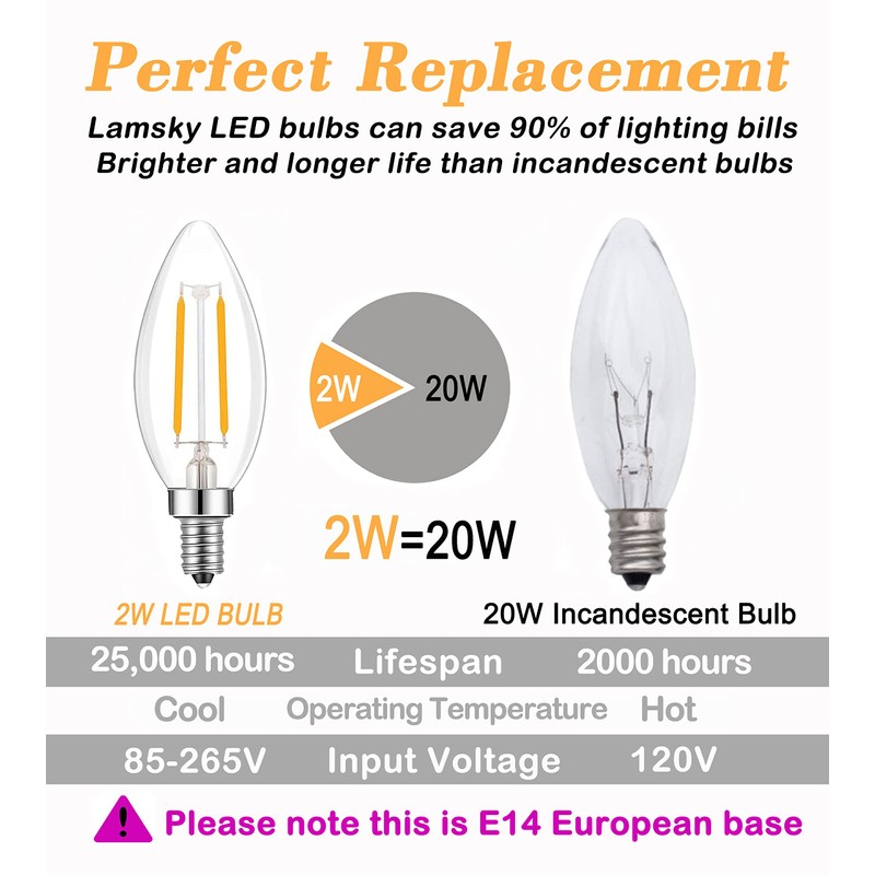 Lamsky E14 European Base LED Filament Edison Bulb, 2W Warm