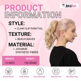 JUVABUN Claw Clip Beach Waves Ponytail Extension 12" - Beach Blonde | Hair Extension Clips | Ponytail Extension Human Hair |Hair Extensions Washable Realistic And Synthetic Hairpiece | Beach Blonde