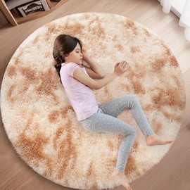 Skyweaver Round Fluffy Rug for Girls Bedroom, 4x4 Brown Fluffy Circle Carpet for Kids, Furry Carpet for Teen, Shaggy Circular Rugs for Nursery Room, Fuzzy Plush Rug for Dorm, Cute Room Decor