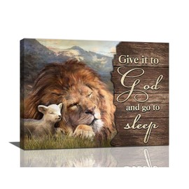 Lion and Lamb Wall Art Christian Religious Pictures Canvas Wall Decor Give it to God Painting Prints Framed Artwork Decor for Church Living Room Bedroom 12"x16"