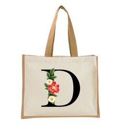 Monogram Initial Canvas Jute Tote Bags for Women - Cotton Shoulder Bags, Reusable Bags for Shopping, Gift bags, Book Bag, Travel Bag, Shopper Bags - Floral Letter D - Natural - L