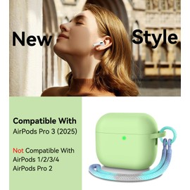 Matekxy for Airpods Pro 3 Case 2025 Cute - for Airpod Pro3 Generation Soft Silicone Cover with Lanyard & Keychain, Shockproof Scratch Resistant for Women, Perfect for Commuters and Travelers, Green
