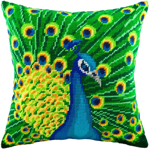 Peacock. Needlepoint Kit. Throw Pillow 16×16 Inches. Printed Tapestry Canvas, European Quality