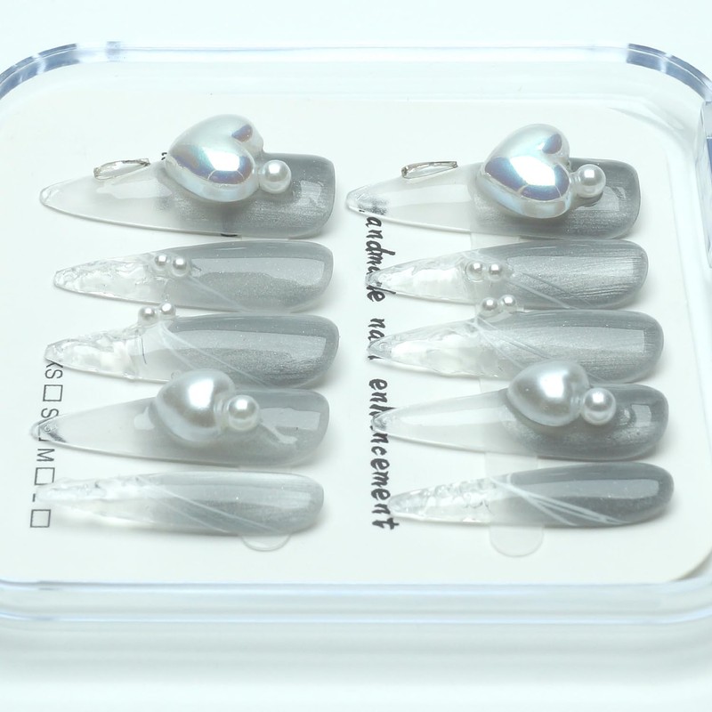 Handmade Nails Press on Long Pointed tip black Hand Painted