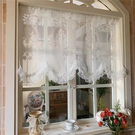 champracer Country House Style Short Curtain, Boho Short Vintage Lace Crochet Flowers Pattern Retro Bistro Curtain Short Curtains Small Window Curtain Kitchen Door with Tassel (1 Piece, W 110 x H 65