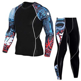 1Bests Mens Athletics Sports Compression Tight Clothing Long Sleeve 3D Printed Running Quick Dry Sportswear Sets (L, Red Blue)