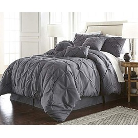 HNU 7 Piece Pintuck Comforter Set Cal King, Pinch Pleated Classic Contemporary Elegant Textured Decorative Gray Bedding Warm Soft Cozy Comfy Microfiber Fabric