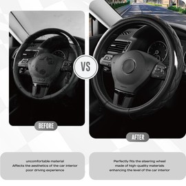 Road Comforts Leather Steering Wheel Cover – Black & Black, Universal Fit 14.5-15 Inch, Microfiber Leather, Anti-Slip & Breathable Design for Men and Women