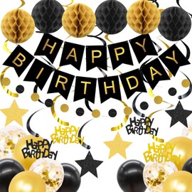 Birthday Decorations, NO DIY, Pre-Strung Happy Birthday Banner with Honeycomb Balls, Hanging Swirls Streamers, Circle Dots Garland, Happy Birthday Party Decorations for Women Men Boys Girls(Black)