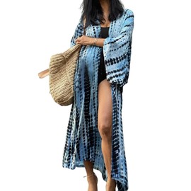 Moss Rose Women Summer Caftan Kimono Cardigan Music Festival Outfits Maxi Beach Vacation Clothes with Belt A-Blue