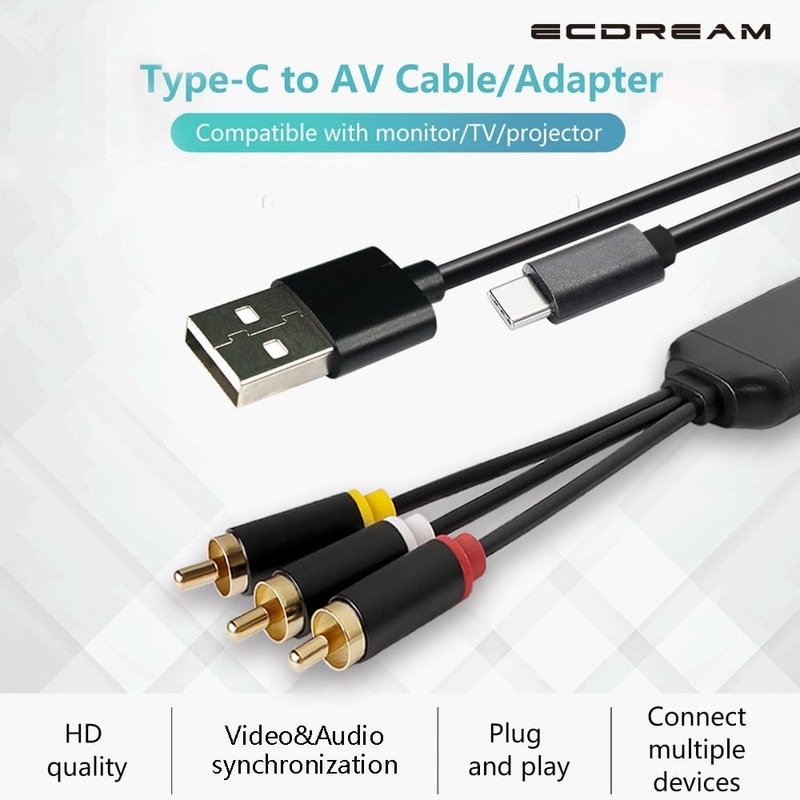 ECDREAM USB C to RCA Cable Adapter, 6Ft Type-C to