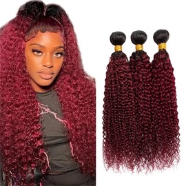 Kinky Curly Human Hair Bundles - 20, 22, 24 Inch Burgundy Ombre Curly Two Tone Black & Wine Red