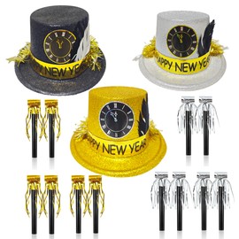15 PCS New Year Eve Party Supplies Glitter New Year Hat Top Hat with Black Gold Silver Blowouts Noise Maker for Men and Women New Year Party Accessories