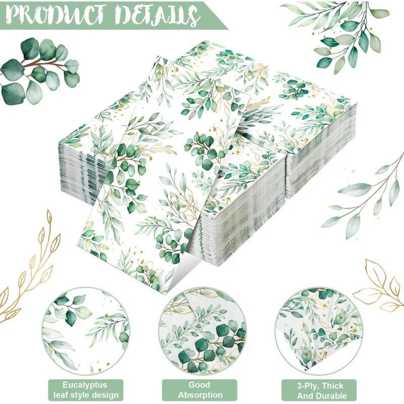 100 Pcs Eucalyptus Napkins 3 Ply Disposable Eucalyptus Leaf Paper