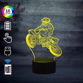 Cool Motorcycle Man 3D Illusion Lamp with 16 Colors Night Light Gradient ABS Base Flash LED Dimming Table Lamp with Remote Control Creative Birthday Gifts for Boys Sports Fans Lover Room Decor