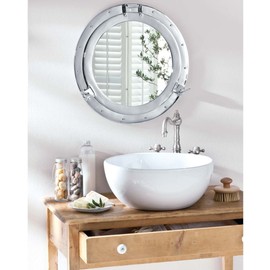 Nagina International Silver Deco Powder Coated Premium Nautical Aluminum Pirate's Ship's Porthole Clock Mirror & Window | Exclusive Wall Decor Accent (12 Inches, Mirror)