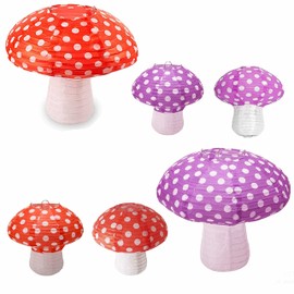 6Pack Mushroom Paper Lanterns, Cynzia Large Paper Lanterns Wonderland Forest Jungle Theme Hanging Ornament, 3D Mushroom Decor Foldable Paper Lantern for Garden, Christmas, Party, Nursery