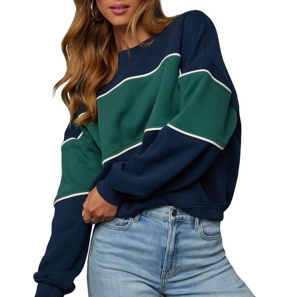 LEEDYA Crewneck Color Block Sweatshirt for Women Soft Loose Fit
