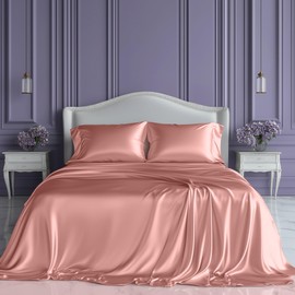 SLEEP SANCTUARY Satin Sheets Full Size – 4 Piece Luxury Silky Bed Set, Softer Than Silk, 15" Deep Pocket, Cooling & Wrinkle-Free, Moisture-Wicking & Breathable for Hair & Skin (Blush Pink)