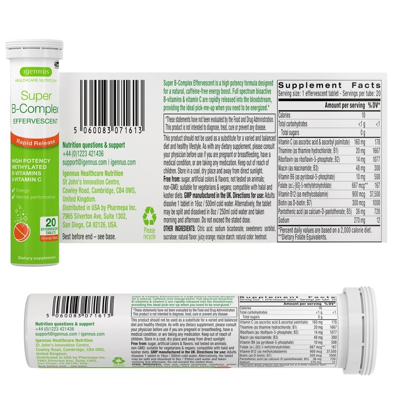 Igennus Super B-Complex Liquid B-Vitamin Effervescent Drink, Methylated, Fast Action