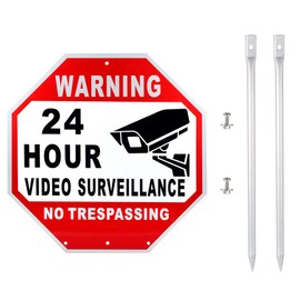 Kichwit Video Surveillance Sign No Trespassing Reflective Metal Sign, Octagon Shaped, Aluminum Yard Sign with Stakes, Measures 11.8" x 11.8"