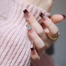 DELUXEFOX Nail Tips, Red, Set of 24, Nail Tips, Long, False Nails, Autumn, Winter, Popular, Japanese Style, Cute, Simple, Stylish, Coming-of-Age Ceremonies, School Entrance Ceremonies, Wedding, Party