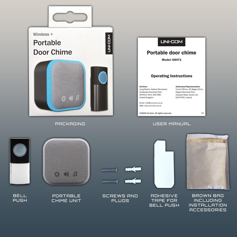 Uni-Com Wireless Portable Door Chime, 150m Operating Range, 30 Different