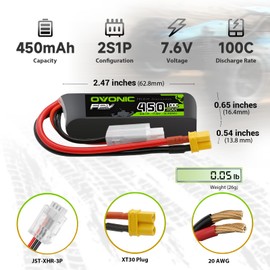 OVONIC 7.6V 100C 450mAh 2S Lipo Battery Long Size with XT30 Plug [1 Package Including 2 Batteries]