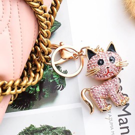 Uposao Bling Rhinestone Key Ring, Cute Cat Crystal Glitter Car Diamond Keychain Charm Pendant Car Key Ring Purse Handbag Decoration Backpack Pendant for Girls Women