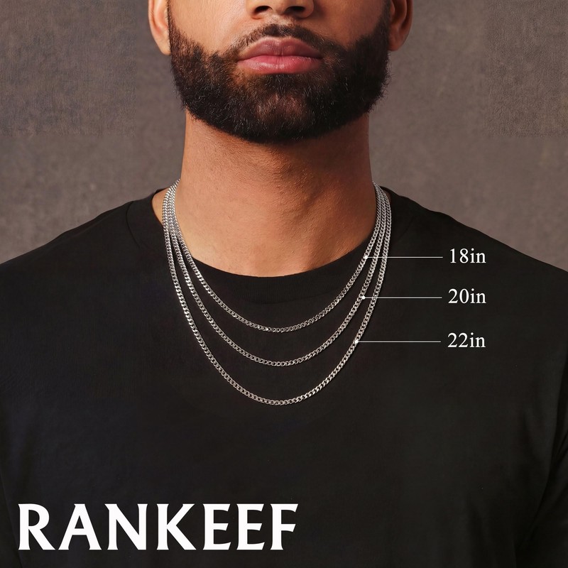 RANKEEF Mens Silver Chain 3mm Cuban Link Chain for Men