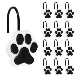 Sunlit Cute Paw Print Decorative Shower Curtain Hooks for Dog Cat Bear, Resin, Lovely Shower Curtain Rings with Black Hooks for Kids, Bathroom Decoration Curtain Hangers, 12 Pack, Black and White