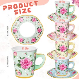 Umigy 60 Sets Tea Party Decorations Floral Paper Tea Cups with Handle and Plates Disposable Blossom Teacups and Saucers Sets with Tape for Hot Cold Drink Birthday(Pink Blue Yellow Green,9 oz)