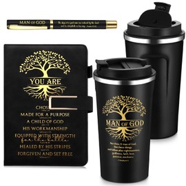 Pickmesh 3Pcs Christian Gift for Men Man of God Bible Verse A5 Leather Journal with Pen 17 oz Stainless Steel Tumbler Bible Study Kit for Sunday School Teacher Pastor Birthday Church(Black)