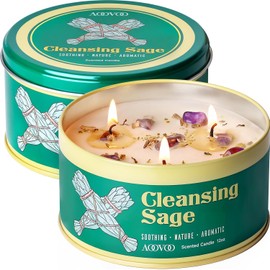 AOOVOO 2 Pack Sage Candle for Cleansing - 3 Wick 24oz Large Scented Candle with Crystals & Sage Leaves Inside, Soy Candles Non Toxic for Meditation Spiritual Gift, Aromatherapy Candle for Women Men