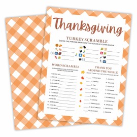 Orange Plaid Thanksgiving Game Card Set- Turkey Scramble- 30 Pcs Three-In-One Cards- Family Party Game, Holiday Activity for Kids & Adults- Party Favor And Supplies(6 x 8")- A09