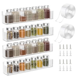 PMMASTO Adhesive Acrylic Spice Rack Organizer for Wall with 2 Nano Double Sided Tape, Spice Shelf Organization for Kitchen Cabinet Door/Pantry Door, Wall Mount Seasoning Rack (Clear-4 Pack)