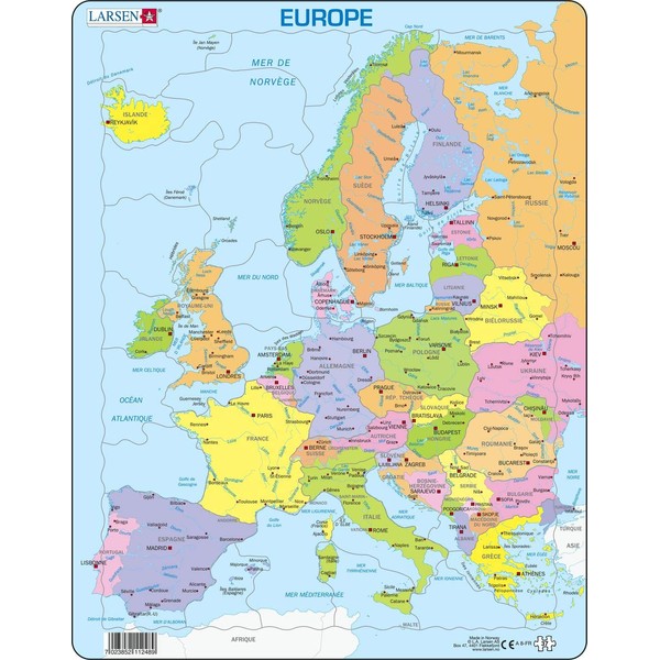 Larsen A8 Politics of Europe Card for Young Children, French Edition, Puzzle Frame with 37 Pieces