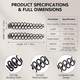 3Pcs French Plait Hair Braiding Tool French Hair Styling Clip Hair Braiding Tool Hair Styling Tool for DIY Hair Accessories(Black)