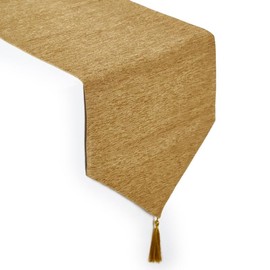 Encasa Homes Fine Chenille Table Runner For Dining with V-End and Tassels, 32x150 cm - Gold | Decorative Cloth for Party, Wedding, Home, Cafes, Restaurants & Hotels