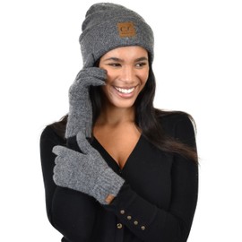 C.C Unisex Eco-Friendly Recycled Yarn Cuff Beanie and Touchscreen Gloves 2 Pc Set, Heather Charcoal