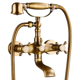 Wall Bathtub Faucet Set with HandHeld Shower Spray Antique brass Double Cross Handle 2 Functions Wall Mount 360 Swivel Mixer Tub Spout Vintage Bathroom