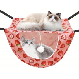 JSPYFITS Cat Cage Hammock with Ball,Double Layer Hanging Adjustable Soft Pet Bed Suit for Kitten Ferret Puppy Rabbit or Small Pet, 2 Level Indoor Bed for All Season(Pink Strawberries)