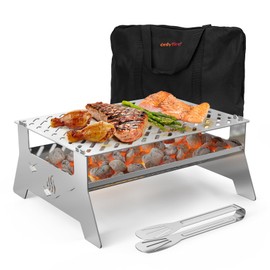 Onlyfire Portable Charcoal Grill, Heavy Duty Stainless Steel Foldable Barbecue Grill with Carry Bag and BBQ Tong for Patio Backyard, Outdoor Camping, Picnic and Hikin