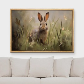 MUDECOR Framed Canvas Print Wall Art Curious Rabbit Amidst Spring Grass Illustrations Realism Decorative Scenic Panoramic Earth for Living Room, Bedroom, Office - 16"x24" NATURAL