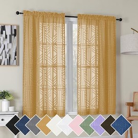 Simplebrand Cortinas Semitransparentes Doradas de 54 Pulgadas de Largo 2 Paneles, Cortinas Cortas Semitransparentes con Textura de Jacquard Geométrico con Clip para Dormitorio, Cortinas Modernas y