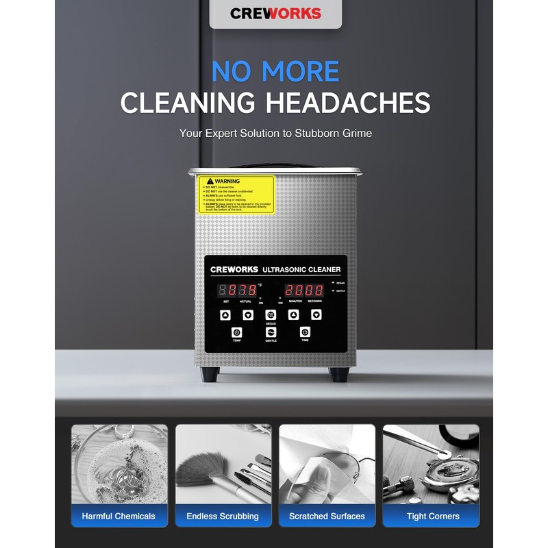 CREWORKS 2L Digital Ultrasonic Cleaner with Degas & Gentle Modes,
