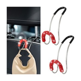 KHGUZ Bling Car Headrest Hook, 2PCS Crystal Rhinestone Vehicle Seat Purse Bag Organizer Hanger, Diamond Automotive Backseat Storage Holder Hook Accessories, Universal for SUV Truck Van (Red)