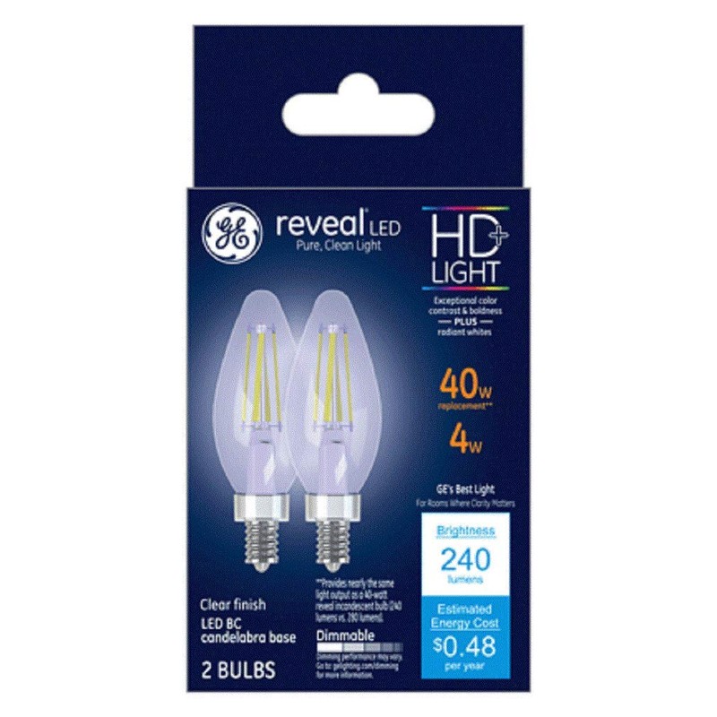 Reveal HD+ Decorative LED Light Bulbs, Candelabra-Base, Clear, Dimmable, 240